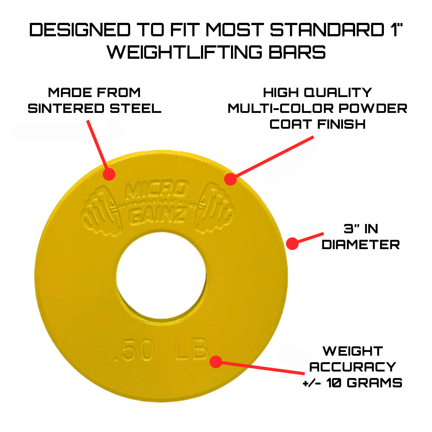 Micro Gainz Standard 1-Inch Center Hole Fractional Weight Plates Set of 8-.50LB Plates