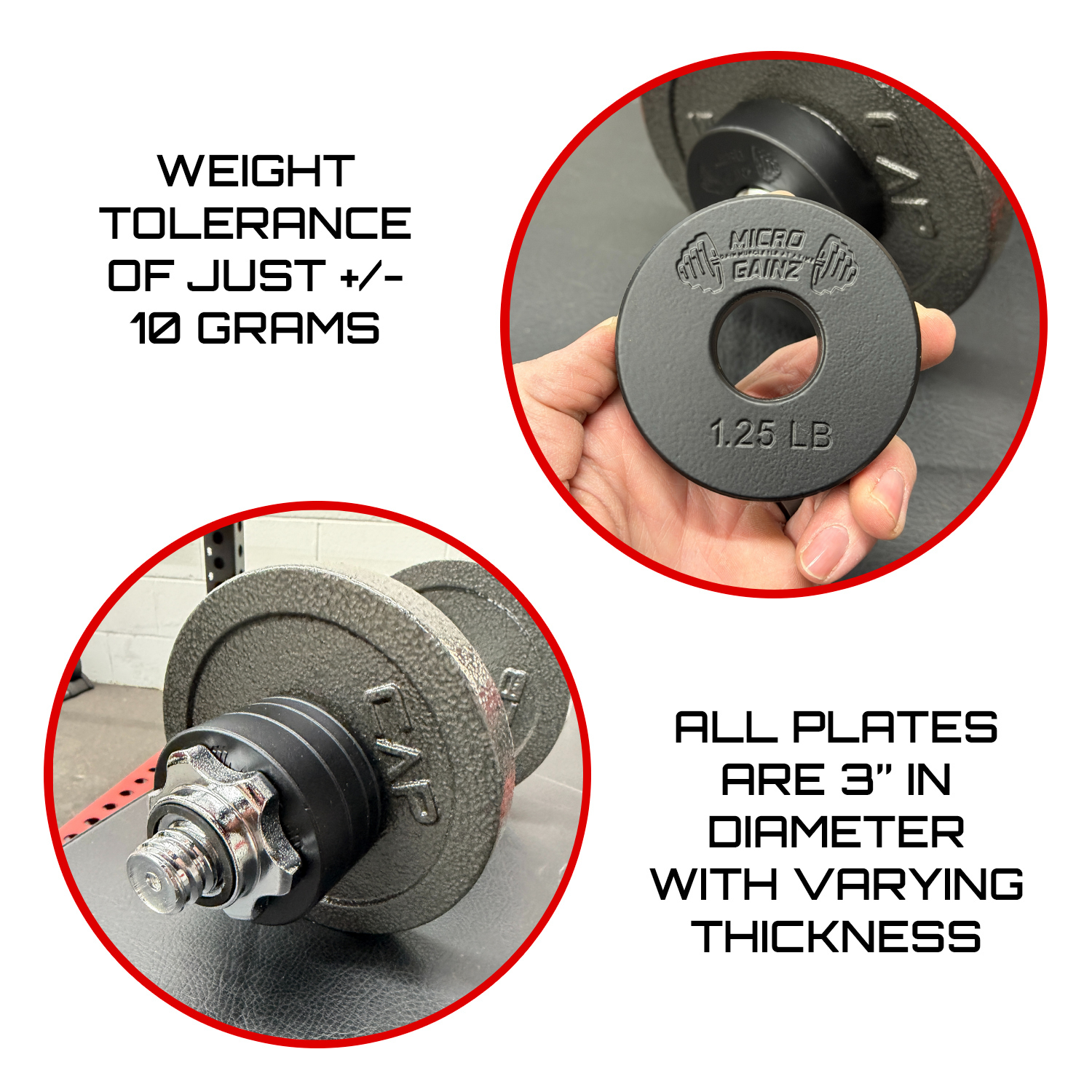 Micro Gainz Standard 1-Inch Center Hole Fractional Weight Plates Set of 10 Plates .25LB-1.25LB w/ Bag