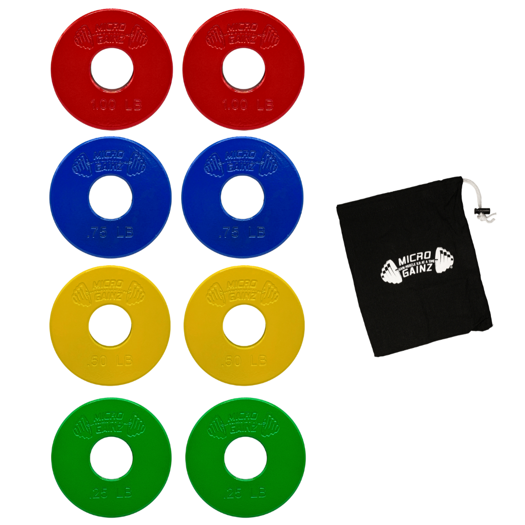 Micro Gainz Standard 1-Inch Center Hole Fractional Weight Plates Set of 8 Plates .25LB-1LB w/ Bag