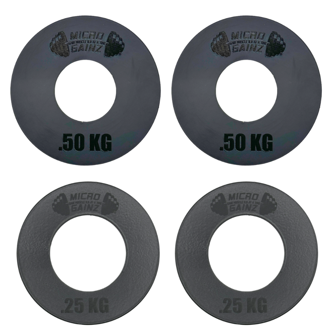 Micro Gainz Olympic Size Kilogram Fractional Weight Plates Set of 4 Steel Plates (2-.25KG and 2-.50KG)