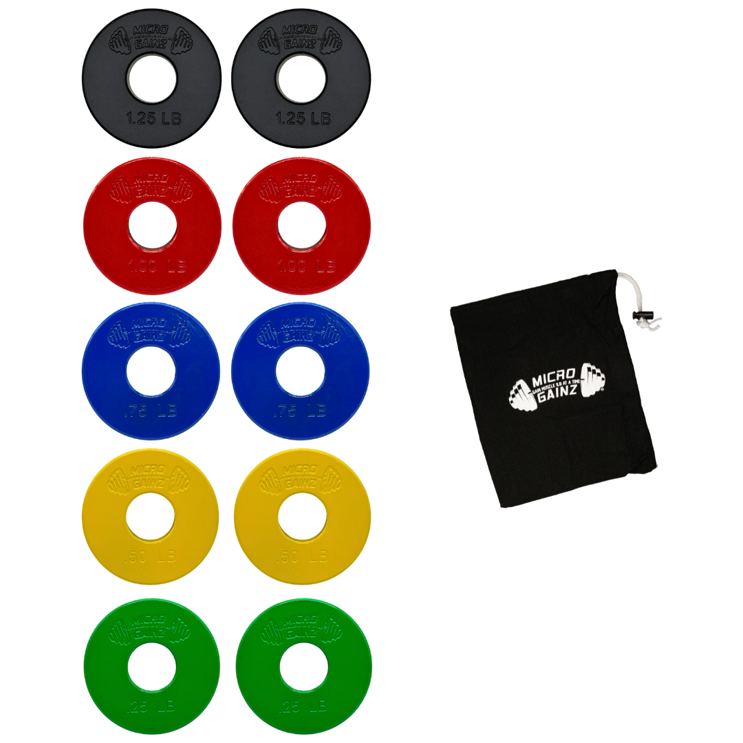 Micro Gainz Standard 1-Inch Center Hole Fractional Weight Plates Set of 10 Plates .25LB-1.25LB  w/ Bag